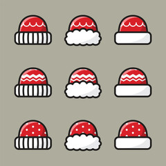 A set of nine red Christmas hats in different styles with white fluffy edges and patterns.