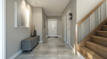 A cozy entryway with oak tile floors transitioning into gray tiles, paired with modern lighting and simple furniture for a welcoming atmosphere --