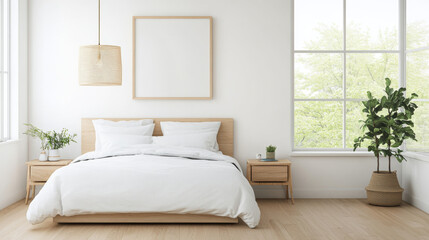 Fototapeta premium A serene bedroom featuring wooden bed with white bedding, complemented by bedside tables and greenery. large windows allow natural light to fill space, creating calming atmosphere