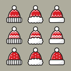 Red Santa hats with various patterns and decorations, including dots, waves, and zigzags.