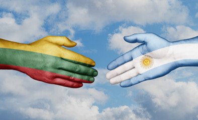 Argentina and Lithuania country handshaking with flags, consensus concept international co-operation illustration