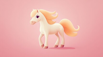 A cute cartoon horse with a flowing mane, isolated on a soft pastel pink background
