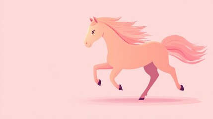 Obraz premium A cute cartoon horse with a flowing mane, isolated on a soft pastel pink background