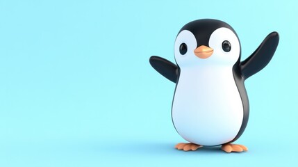 A cute cartoon penguin waving, isolated on a pastel blue background