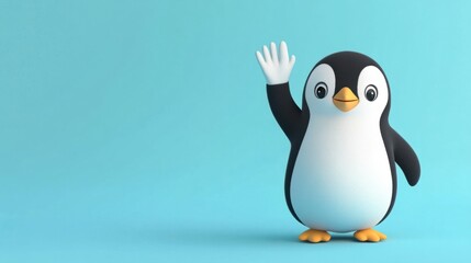 Obraz premium A cute cartoon penguin waving, isolated on a pastel blue background