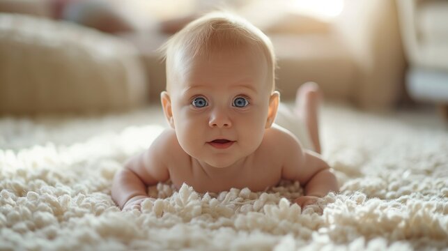 Cute baby with big blue eyes enjoying tummy time on a soft blanket in a sunlit room.