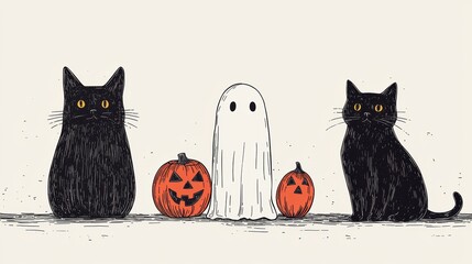 Spooky Halloween Vector Illustration with Jack-o'-lantern, Ghost, and Black Cat on White Background