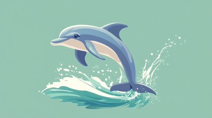 Obraz premium A happy cartoon dolphin leaping out of the water, isolated on a pastel green background