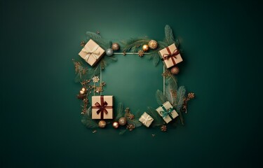 Green background with pine branches, presents, and golden ornaments.