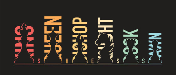 A stylish chess-themed illustration displaying silhouettes of chess pieces (King, Queen, Bishop, Knight, Rook, and Pawn) with their names in bold, gradient colors. © Тима Рябец