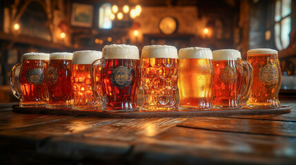 Craft beer in frosty glasses with rich amber hues and a foamy head, perfectly lined up on a rustic wooden bar in a cozy pub setting