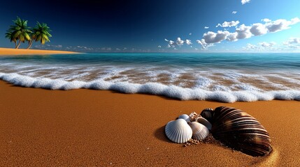 Obraz premium Tropical Paradise: A serene seascape, bathed in golden sunlight, showcases a pristine beach with turquoise waters gently lapping the shore.