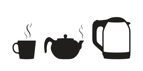 Silhouettes of a cup, a teapot, and an electric kettle with streams of steam.