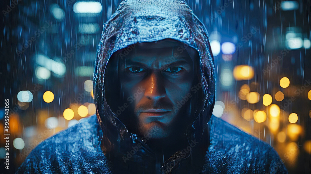 Poster a hooded man stands with his back to the viewer, observing a rainy cityscape illuminated by lights, 