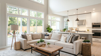 Fototapeta premium A modern living room featuring spacious sectional sofa, wooden coffee table, and large windows that bring in natural light. decor includes plants and cozy atmosphere