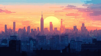 Fototapeta premium Pixelated Cityscape with a Sunset Over Skyscrapers
