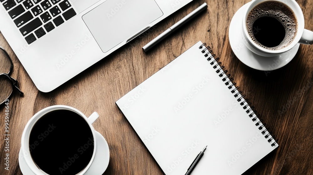 Poster laptop, coffee, and a notepad neatly arranged on a desk, symbolizing efficient process management, p
