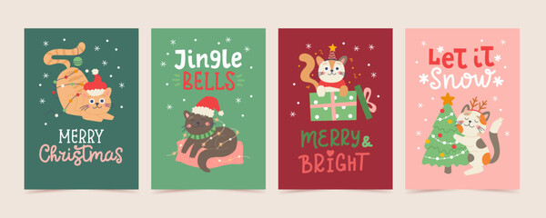 Christmas cards set. Cute funny cats characters with hand drawn lettering. Vector illustration design template