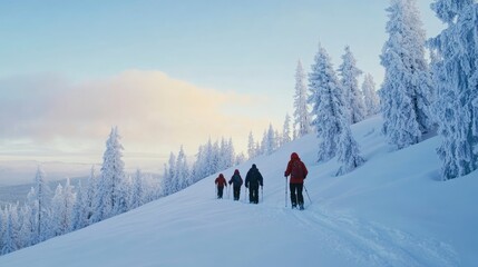 A family hiking up a snowy hill, surrounded by tall, frost-covered pine trees and a pale blue winter sky.