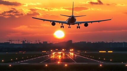 A plane lands on a runway at sunset.
