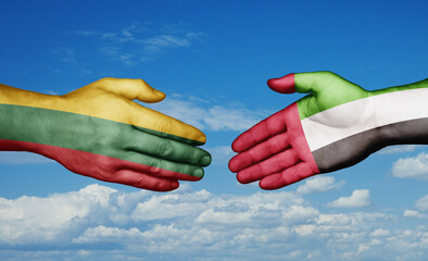 United Arab Emirates and Lithuania country handshaking with flags, consensus concept international co-operation illustration