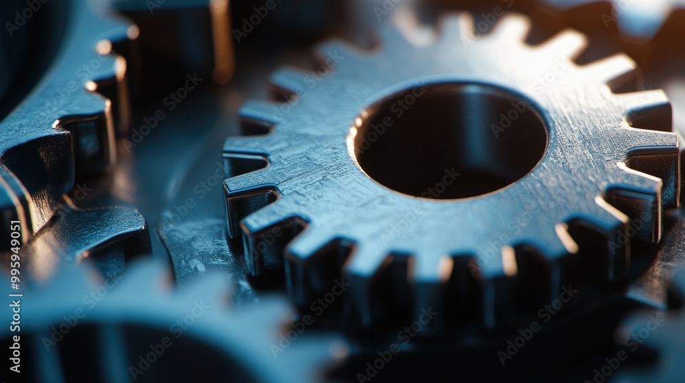 Poster macro view of a metallic gear symbolizing precision, productivity, and effective management in manuf