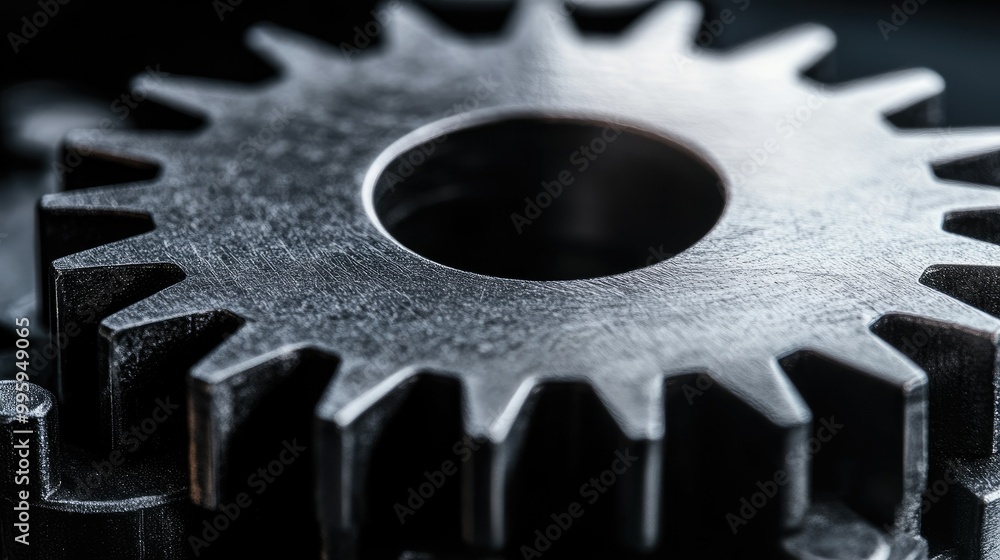 Poster macro view of a metallic gear symbolizing precision, productivity, and effective management in manuf