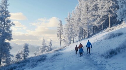 A family hiking up a snowy hill, surrounded by tall, frost-covered pine trees and a pale blue winter sky.