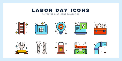 10 Labor Day Lineal Color icon pack. vector illustration.