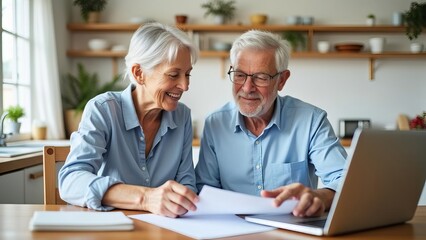 Senior Couple Using Laptop: Elderly Spouses Managing Finances Together at Home Office