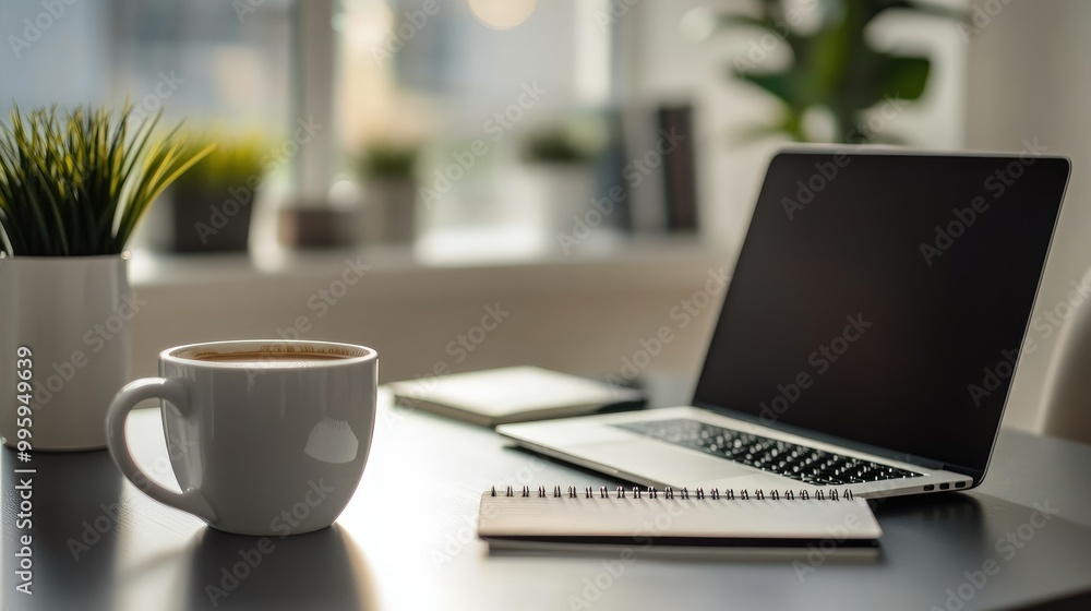 Poster modern desk setup with a sleek laptop, coffee cup, and open notebook, representing focused productiv