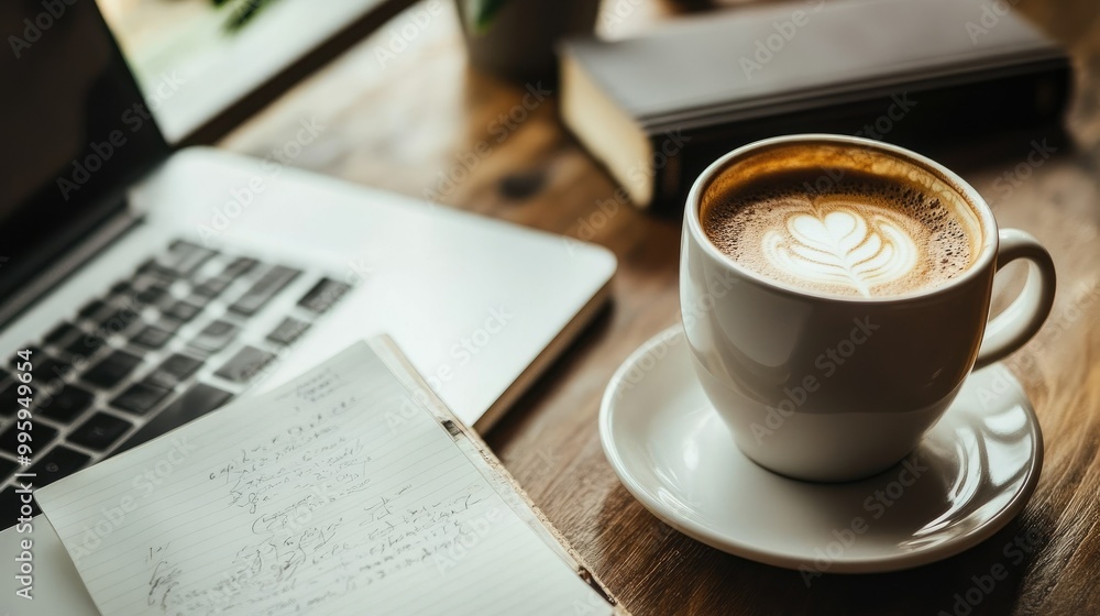 Poster modern desk setup with a sleek laptop, coffee cup, and open notebook, representing focused productiv