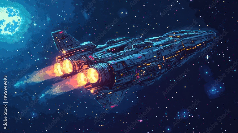 Aufkleber pixelated spaceship with flaming thrusters in space