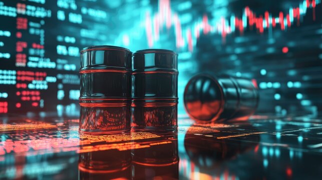 Oil barrels against a backdrop of stock market trends and oil rigs, representing changes in oil stocks.