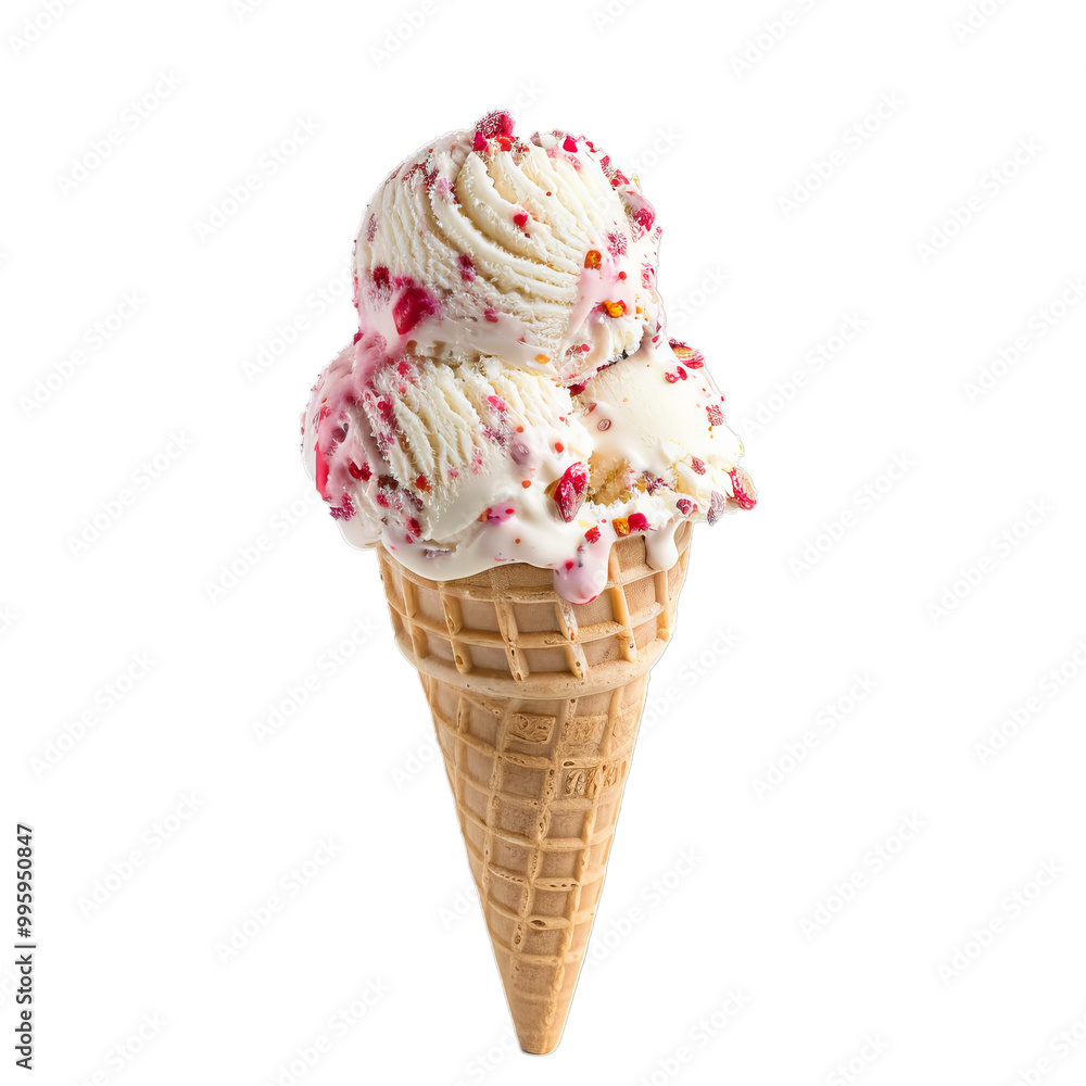 Aufkleber vanilla ice cream is melting down a crunchy waffle cone and topped with raspberry sprinkles