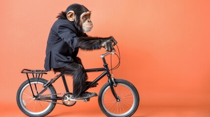 Obraz premium Funny Chimpanzee Dressed in Suit Riding Bicycle on Orange Background, Studio Portrait