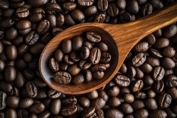 Fototapeta premium Coffee beans in a wooden spoon on a background of coffee beans wth generative ai