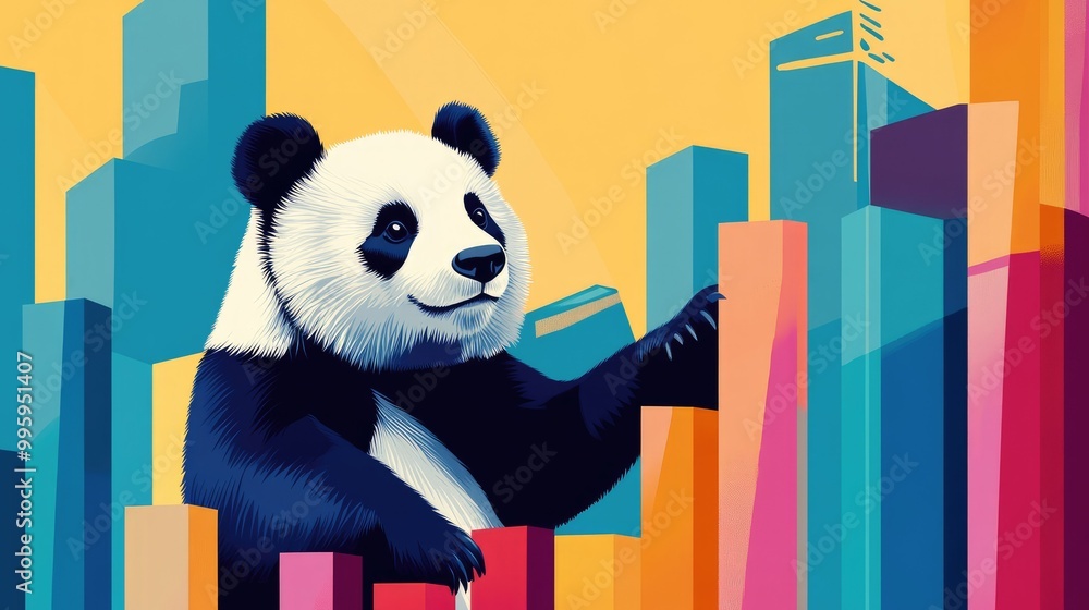 Fototapete panda bear interacting with vibrant bar charts, visualizing data analysis using pandas in data scien
