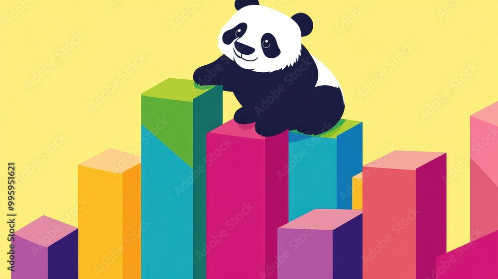 Poster panda bear scaling colorful bar charts, representing the concept of data manipulation in pandas.