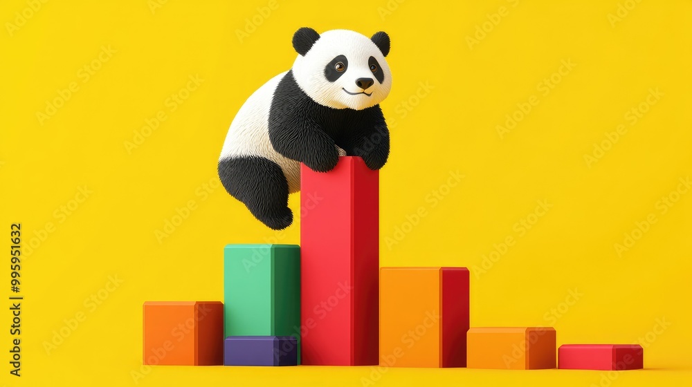 Poster panda bear scaling colorful bar charts, representing the concept of data manipulation in pandas.