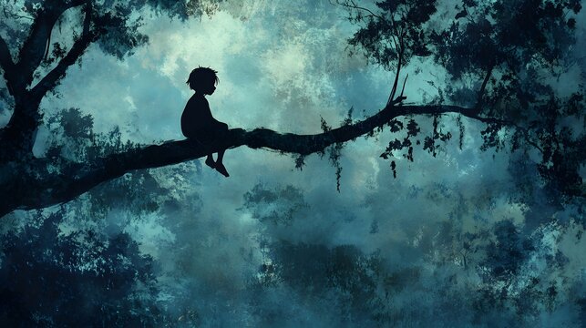 48. A feral child perched on a high branch, observing the world below with curious eyes