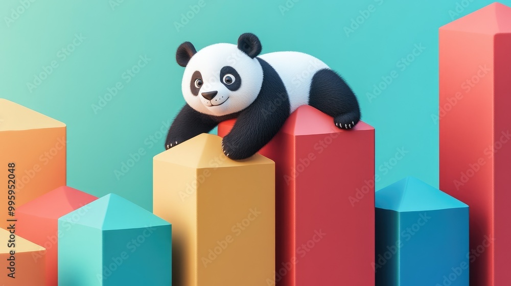 Poster playful panda climbing over colorful bar graphs, symbolizing data processing in the pandas library.
