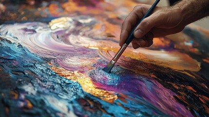 Fototapeta premium A close-up of a hand painting with vibrant colors, showcasing the beauty of artistic expression and creativity on canvas.