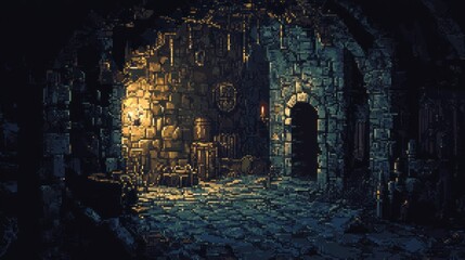 Pixelated View of a Dark and Mysterious Stone Corridor with a Faint Light in the Distance