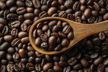 Fototapeta premium Coffee beans in a wooden spoon on a background of coffee beans wth generative ai