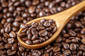 Fototapeta premium Coffee beans in a wooden spoon on a background of coffee beans wth generative ai