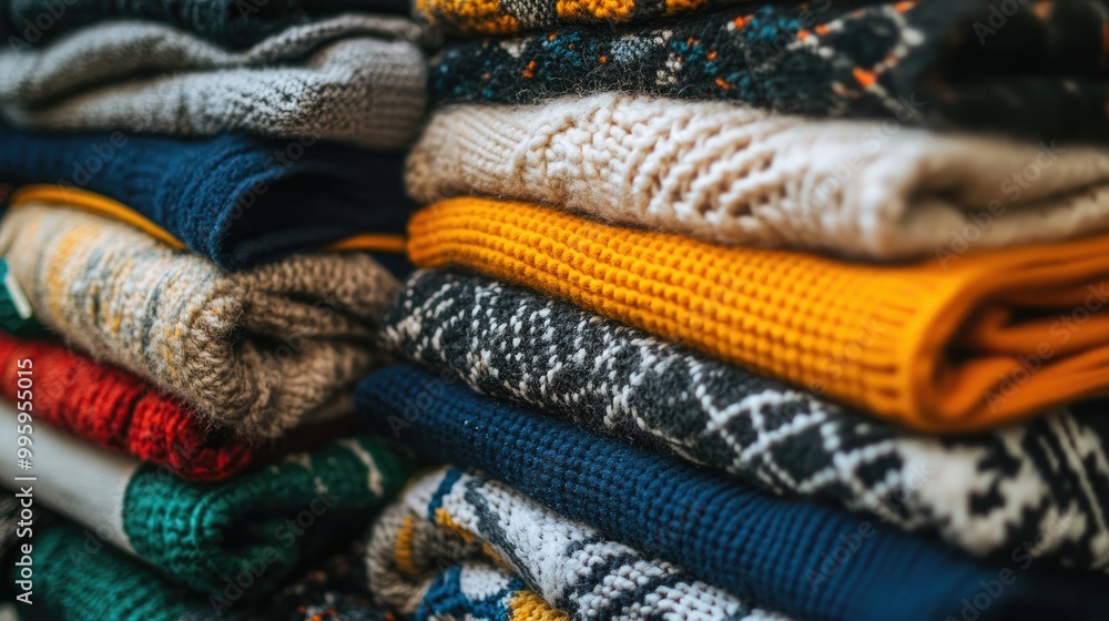 Poster stack of assorted, gently used clothing items folded neatly, symbolizing charitable giving and reduc