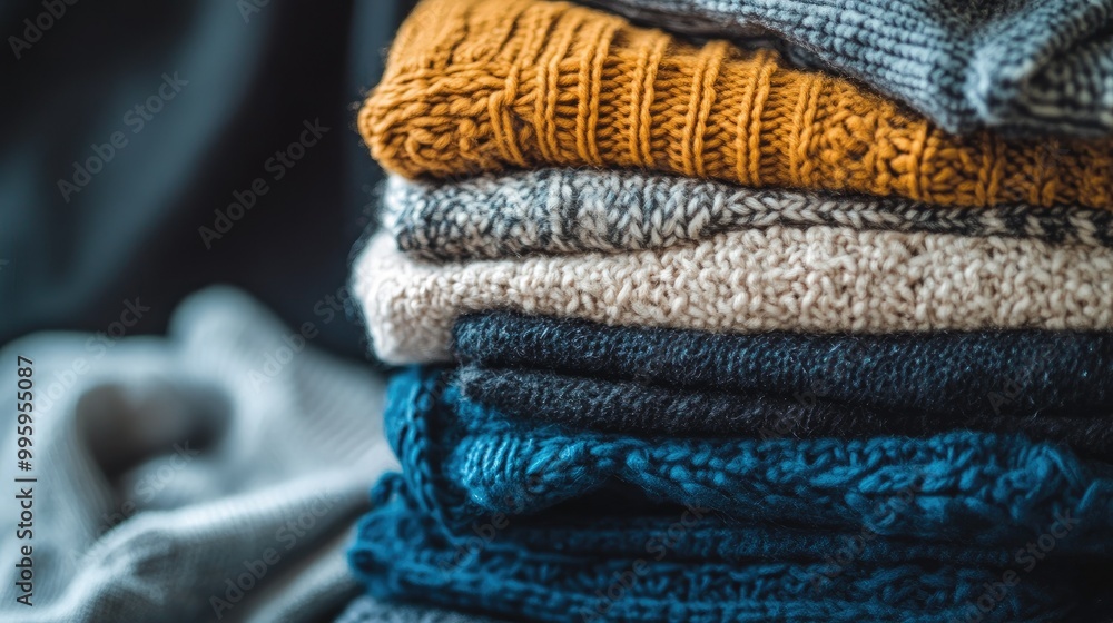 Poster stack of assorted, gently used clothing items folded neatly, symbolizing charitable giving and reduc