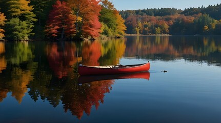 Canoe on a tranquil lake surrounded by vibrant autumn foliage with a clear blue sky and reflection of colorful trees in the water. generative.ai