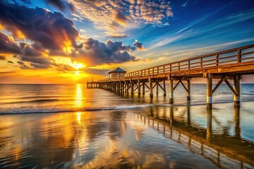 Fototapeta premium A stunning golden hour capture of a serene coastal scene featuring a rustic wooden pier stretching into the tranquil ocean waters.